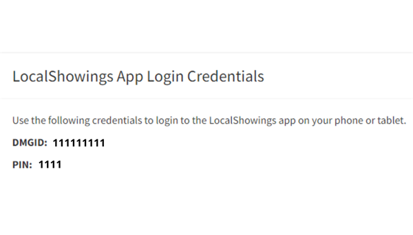 LocalShowings App Login Credentials Screenshot